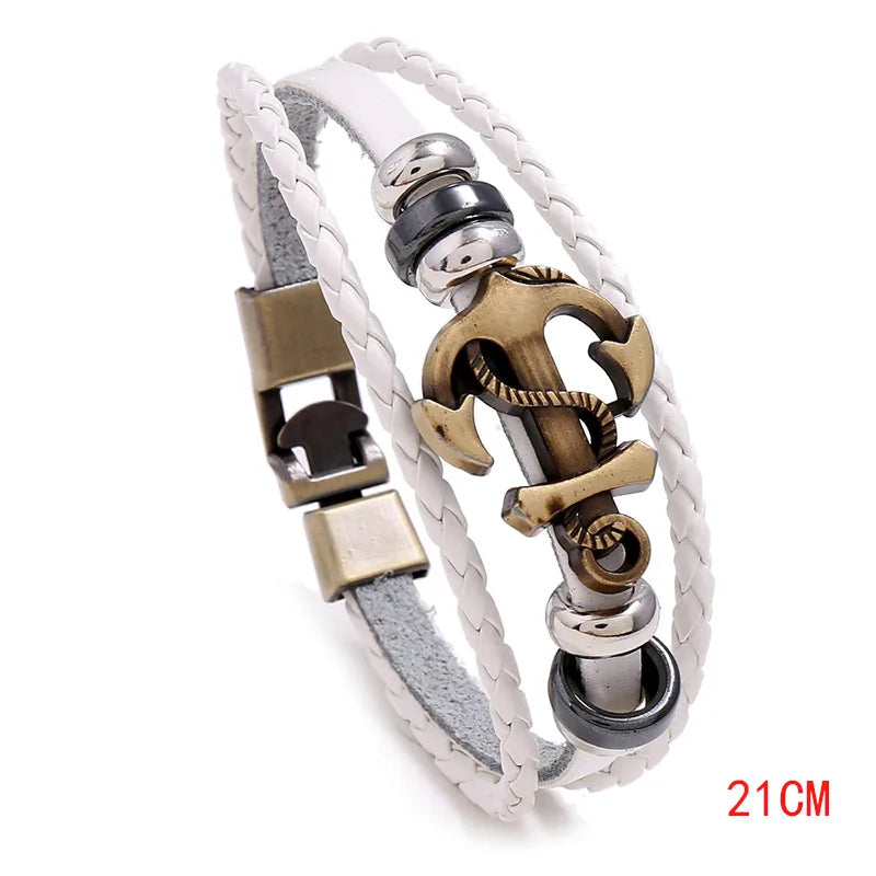Vintage Anchor Braided Leather Bracelet for Men | CHROMSTICA Leather Charm Bracelet PLUSH White