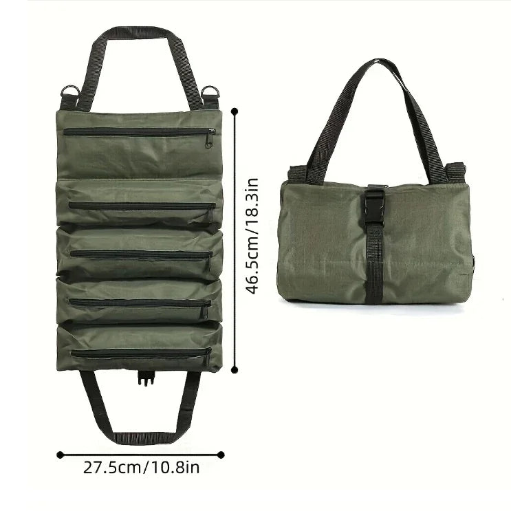 Canvas Tool Roll Up Bag – 5 Zipper Pockets Hanging Organizer Tool Roll Organizer PLUSH