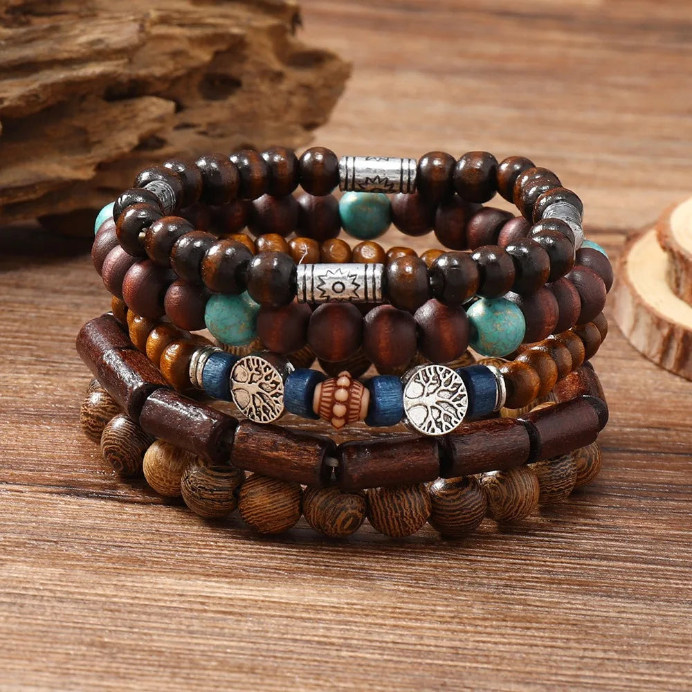 Boho Wooden Bead Bracelet Set – Handmade Stretch Multi-Layer Beaded Bracelet Set PLUSH Style D