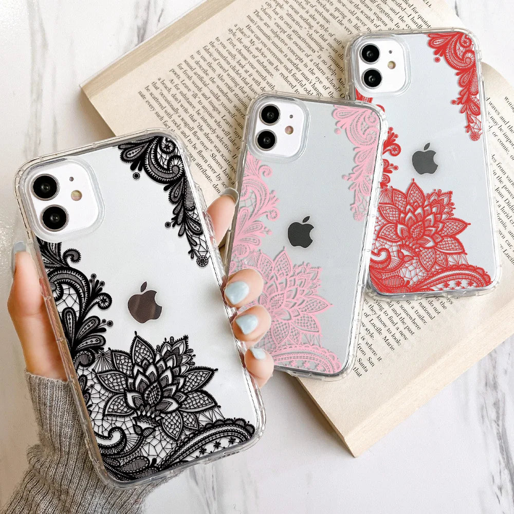 Lace Flower Transparent iPhone Case – Shockproof Floral Cover Phone Case PLUSH