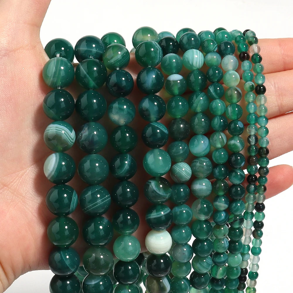 Green Striped Agate Round Spacer Beads – DIY Jewelry Making Natural Stone Beads PLUSH