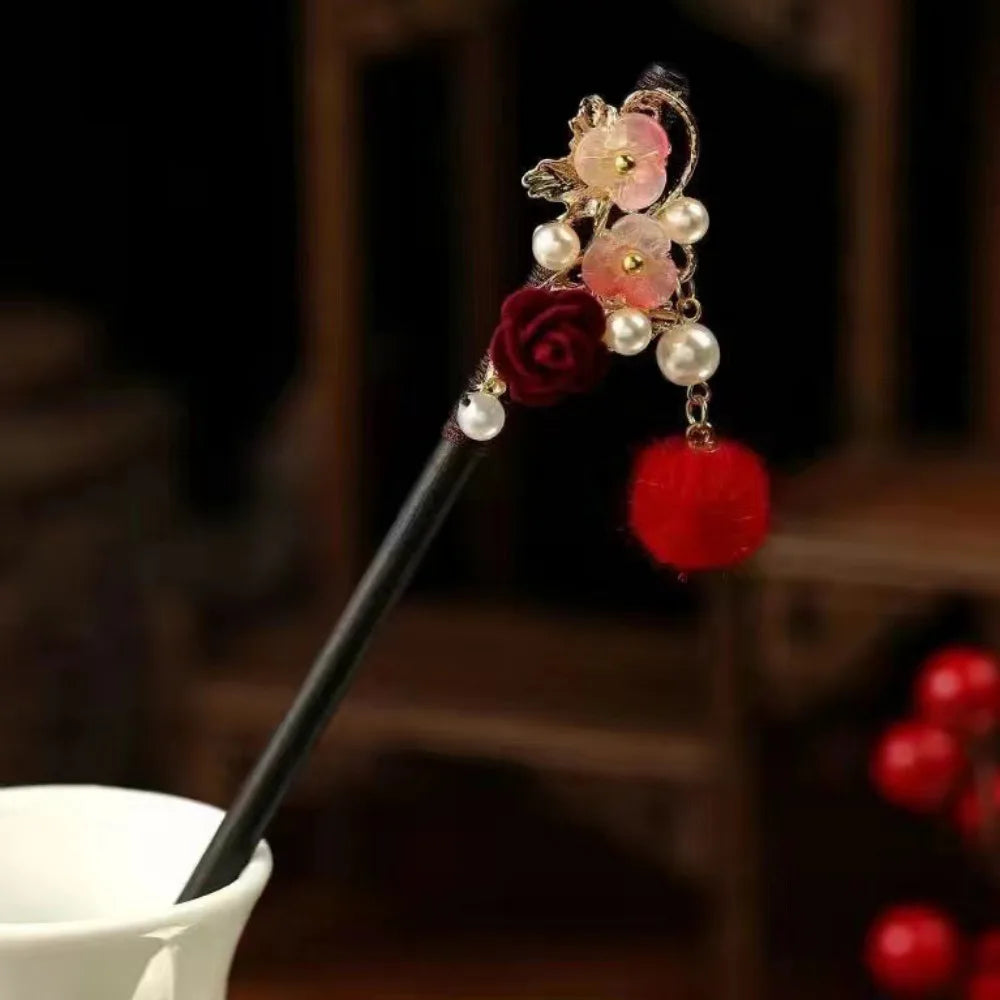 Wooden Chinese Hair Stick Vintage Flower Tassel Hairpin Fork Hair Stick Hairpin PLUSH Style 8