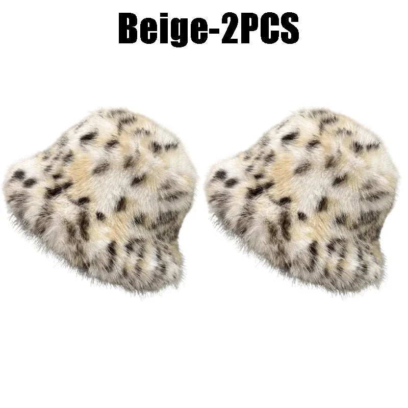 Women's Puffy Faux Fur Bucket Hat | Leopard Print Winter Hat Faux Fur Bucket Hat PLUSH Beige-2PCS
