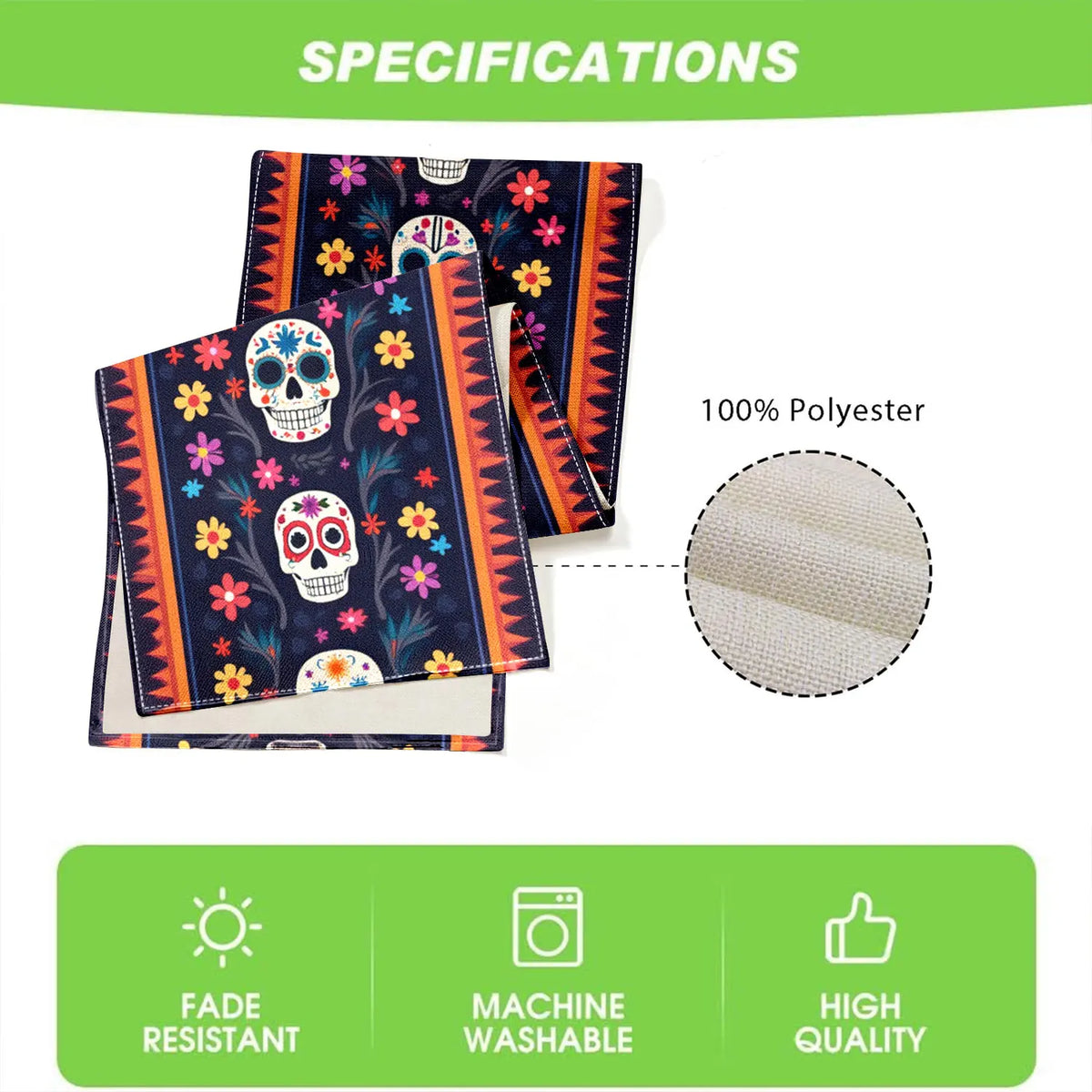 Day of the Dead Table Runner – Skull & Floral Pattern Table Runner PLUSH