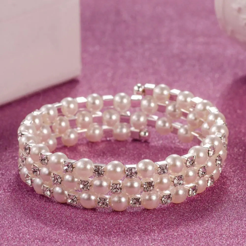 Multilayer Pearl Rhinestone Beaded Bangle Bracelet for Women Beaded Bangle Bracelet PLUSH A