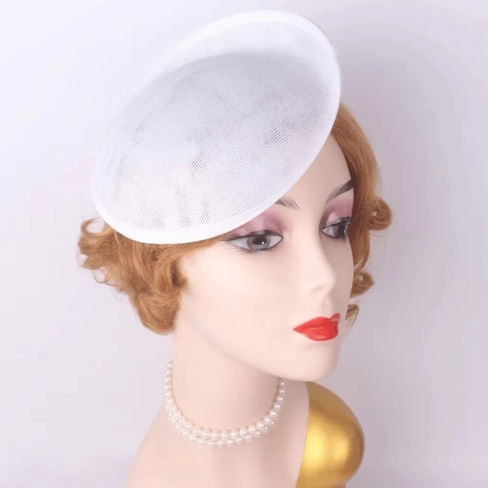 Wide Brim Linen Fascinator Hat Base – Vintage Mesh Headpiece Fascinator Hat Base PLUSH White