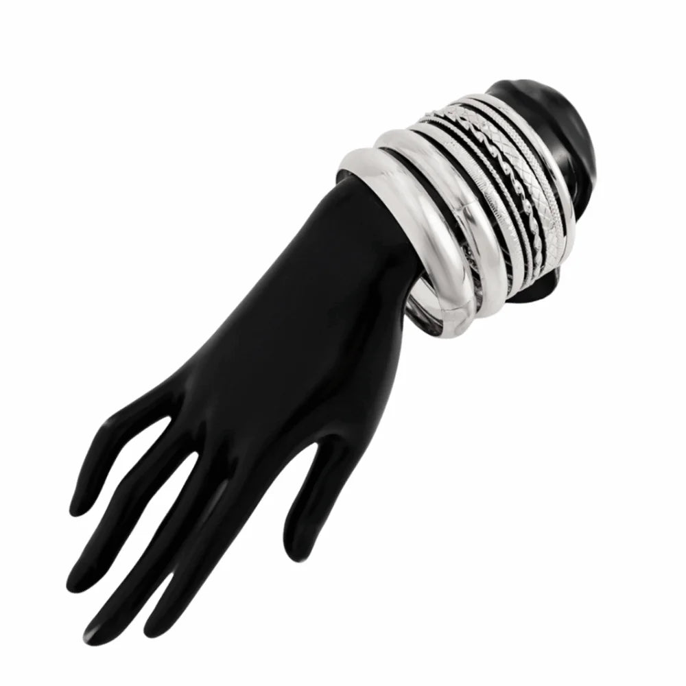 Vintage Punk Metal Bangle Set – Stackable Wide Bracelets 3–8pc Stackable Bangle Set PLUSH 8Pcs White