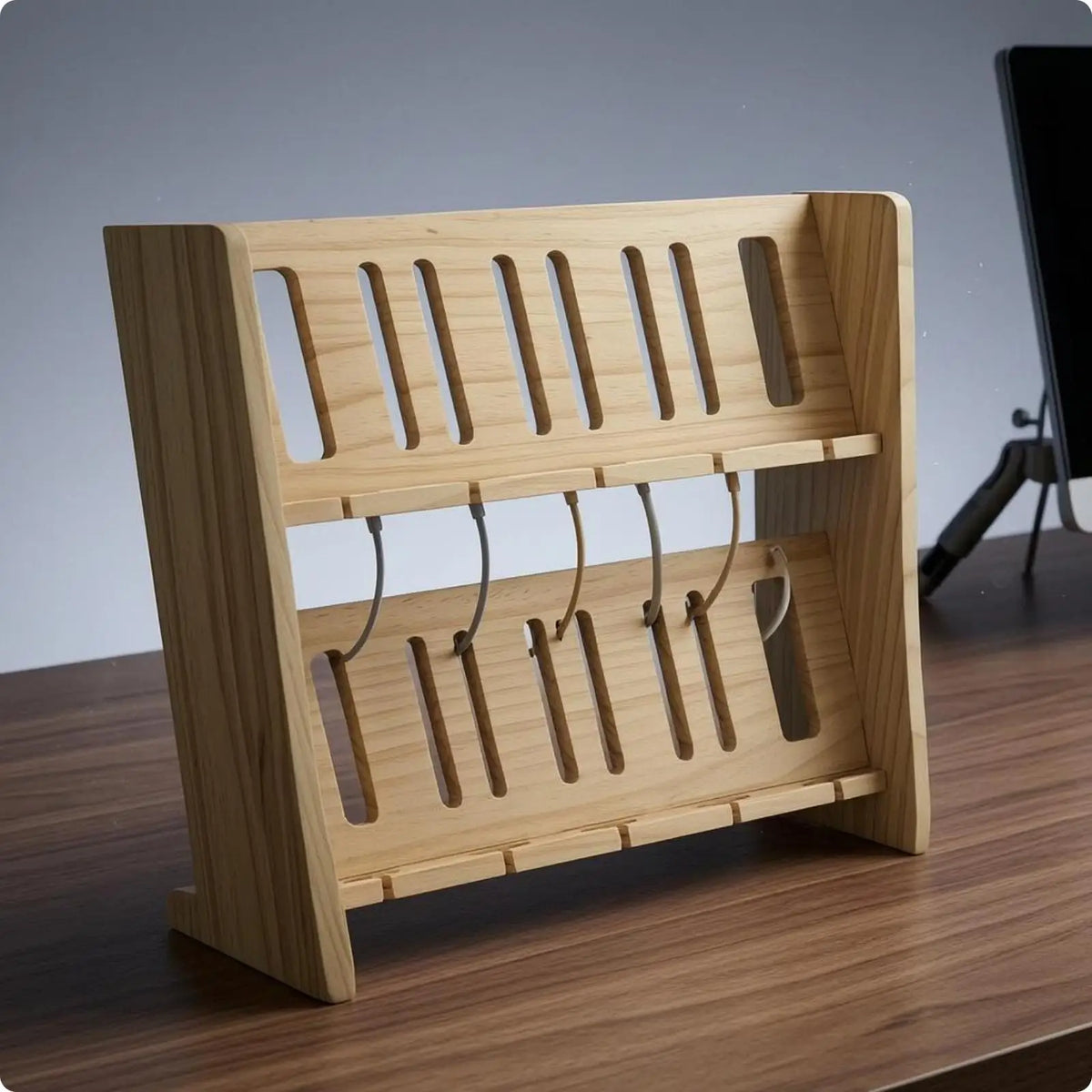 Solid Wood Dual Slot Phone Stand – Multi-Layer Desk Organizer Wood Phone Stand PLUSH