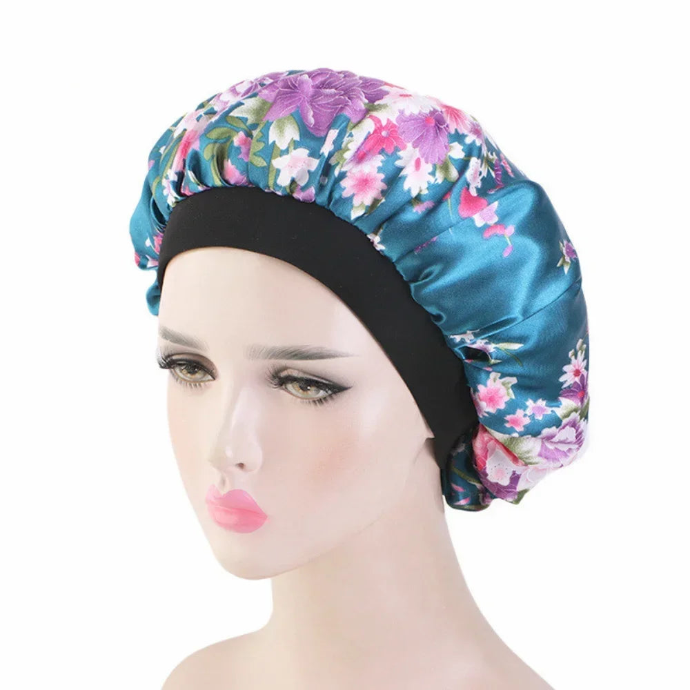 Women Satin Bonnet Floral Wide Band Sleep & Shower Hair Wrap Satin Sleep Bonnet PLUSH