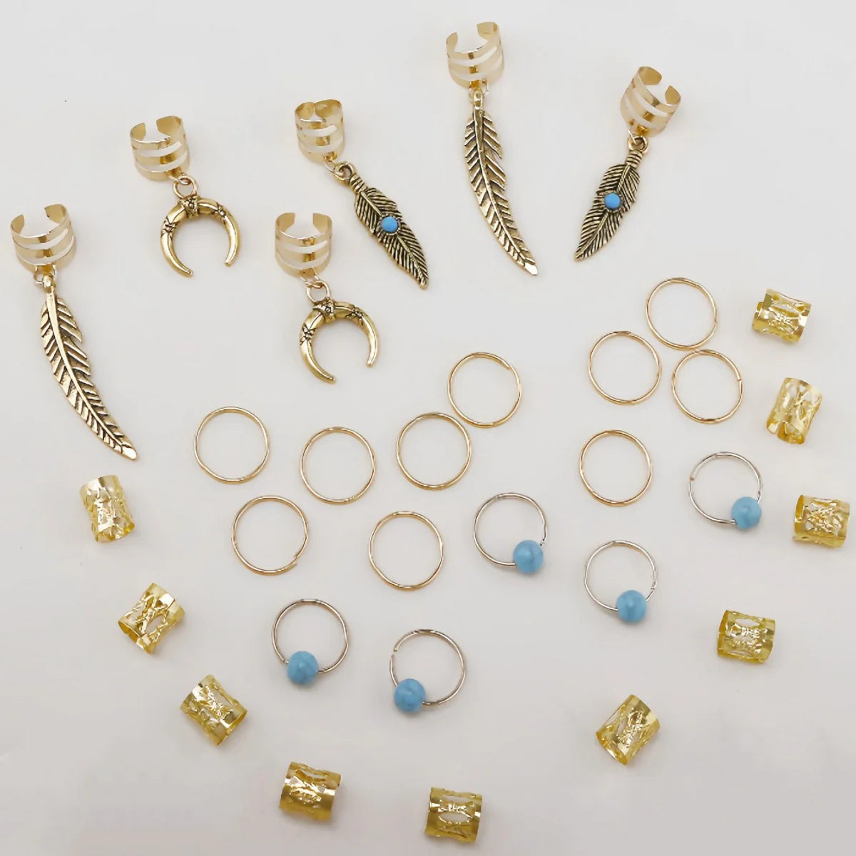 31pcs Retro Gold Leaf Moon Blue Metal Hair Braid Beads Set Hair Braid Beads PLUSH Gold 31pcs