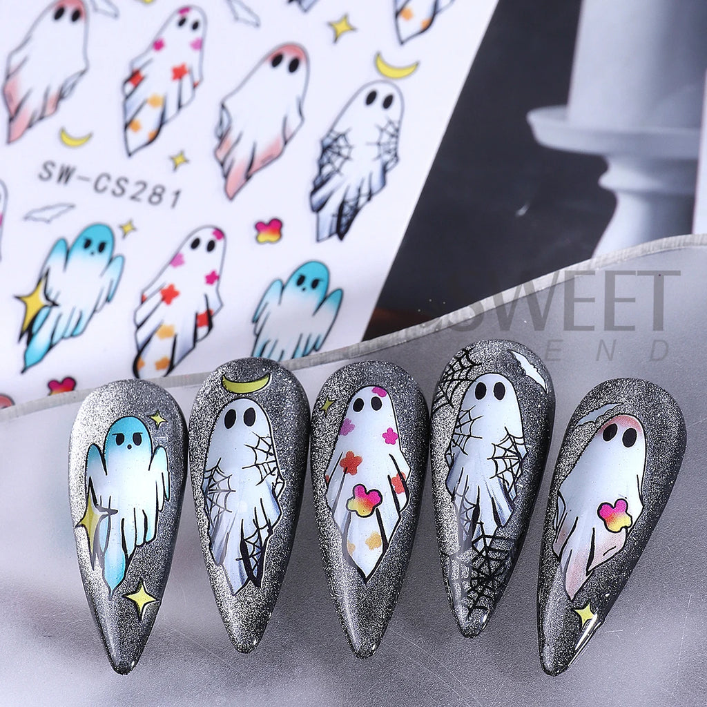 6pcs Halloween Nail Art Stickers – Pumpkin Spider Web Ghost Decals Nail Art Stickers PLUSH
