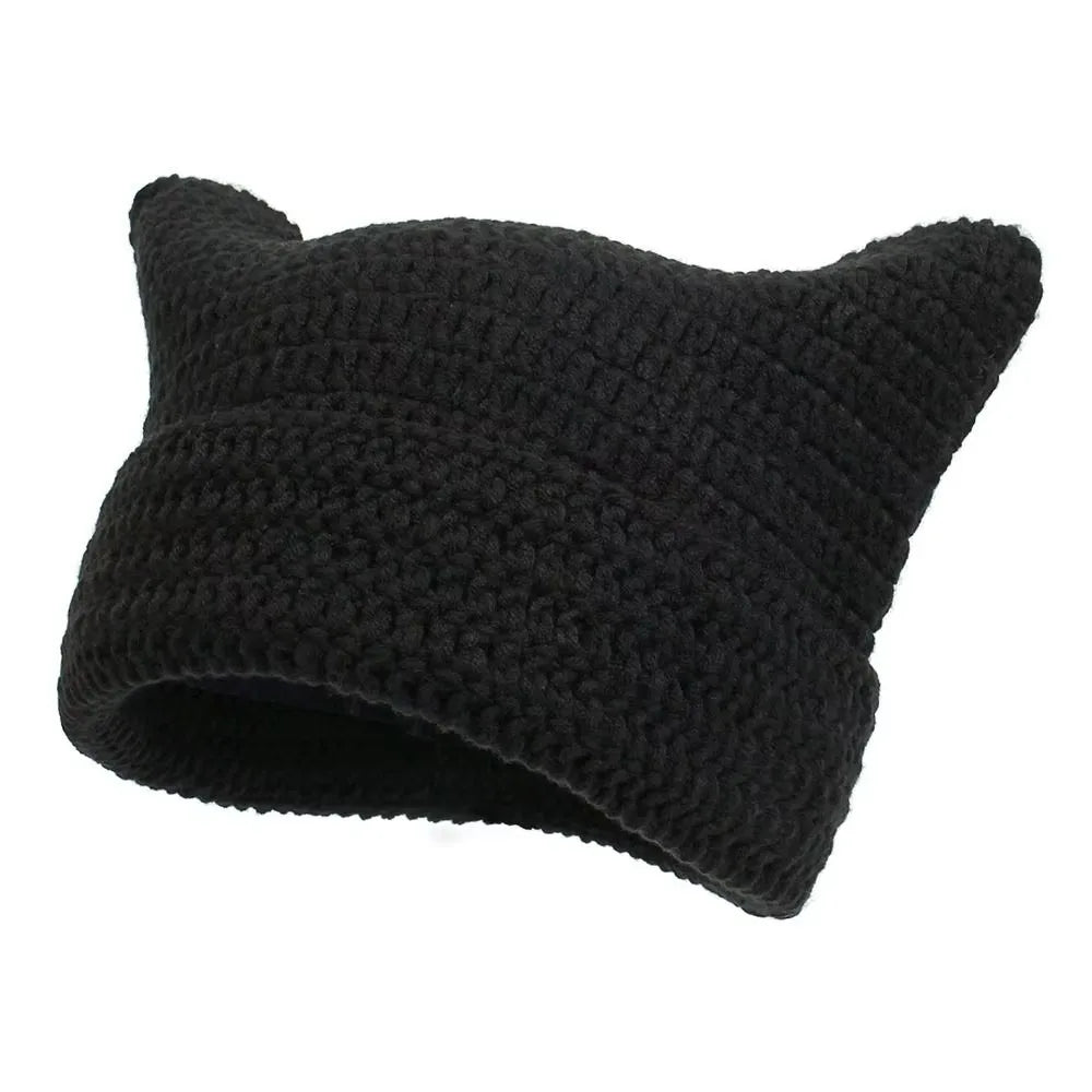 Y2K Cat Ears Beanie Hat – Striped Knit Crochet Pullover Knit Beanie Hat PLUSH Style 5