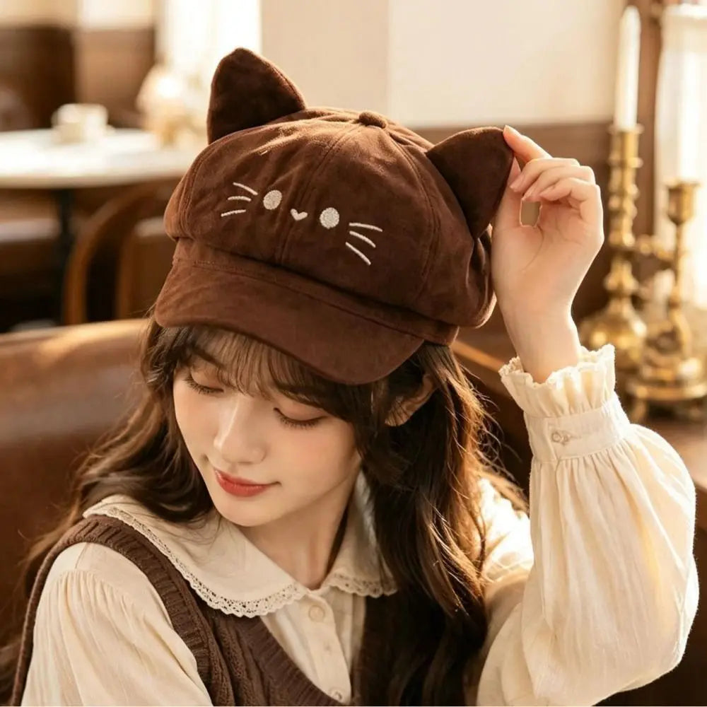 Embroidered Cat Ears Beret – Y2K Lolita Painter Hat Embroidered Beret Hat PLUSH