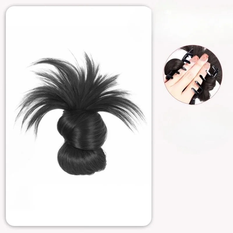 Synthetic Half-Tie Hair Bun Claw Clip Floral Accents Pink Black Clip-On Hair Bun PLUSH Nature Black 1Pc