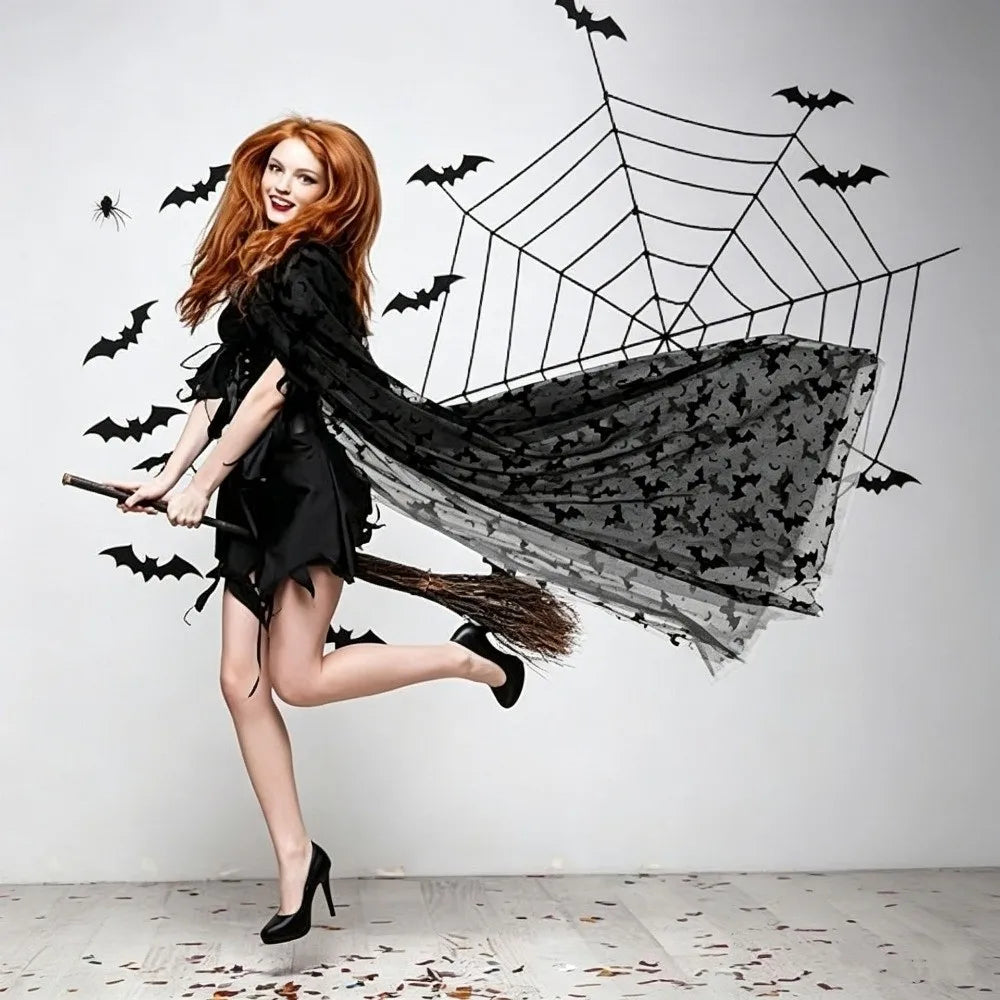 Halloween Hooded Bat Cape – Long Black Mesh Cloak for Women Halloween Costume Cape PLUSH