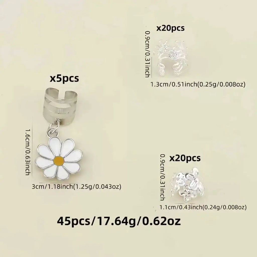 45pcs Daisy Dreadlock Braid Hair Rings – Boho Loc Jewelry Braid Hair Rings PLUSH Silver 45Pcs