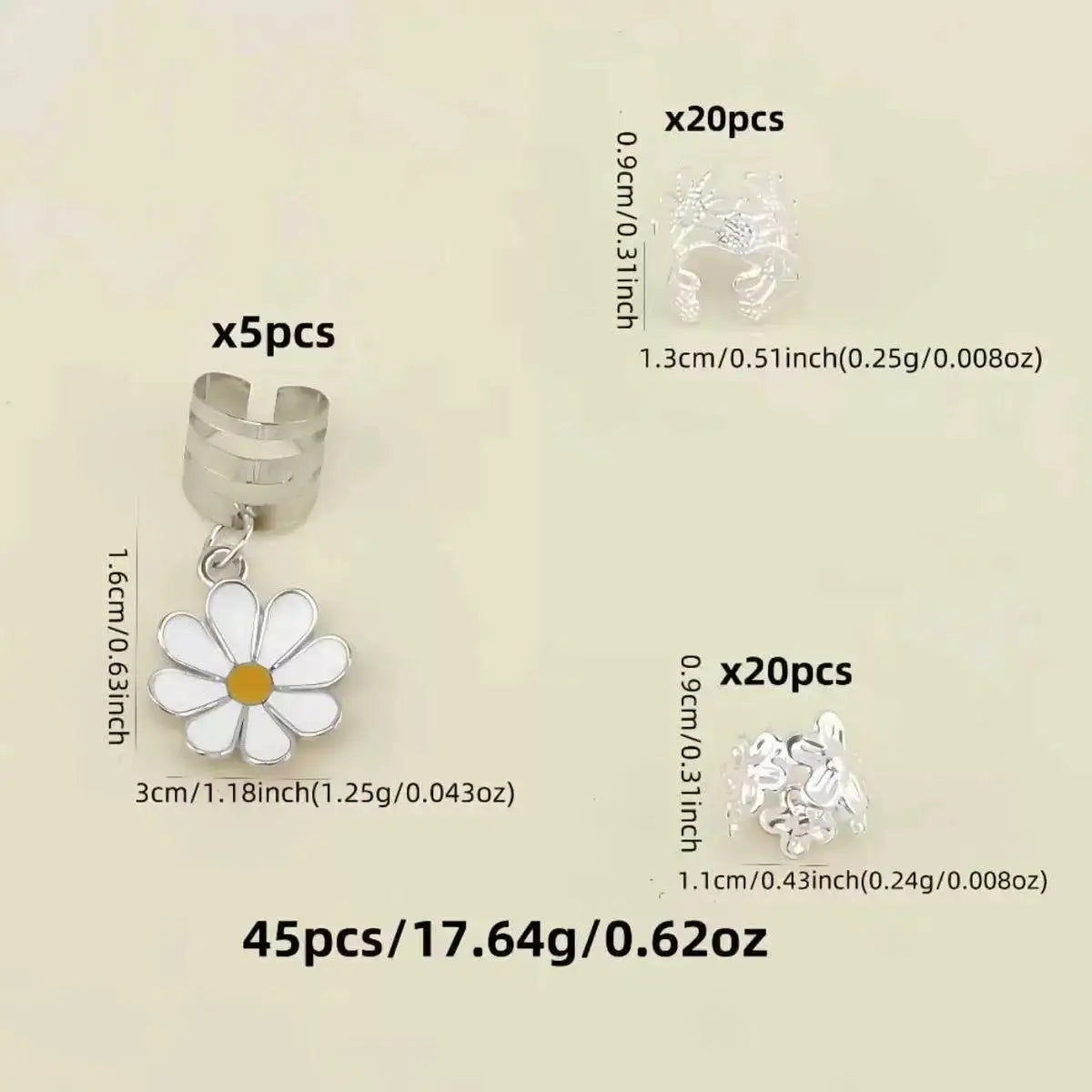 45pcs Daisy Dreadlock Braid Hair Rings – Boho Loc Jewelry Braid Hair Rings PLUSH Silver 45Pcs