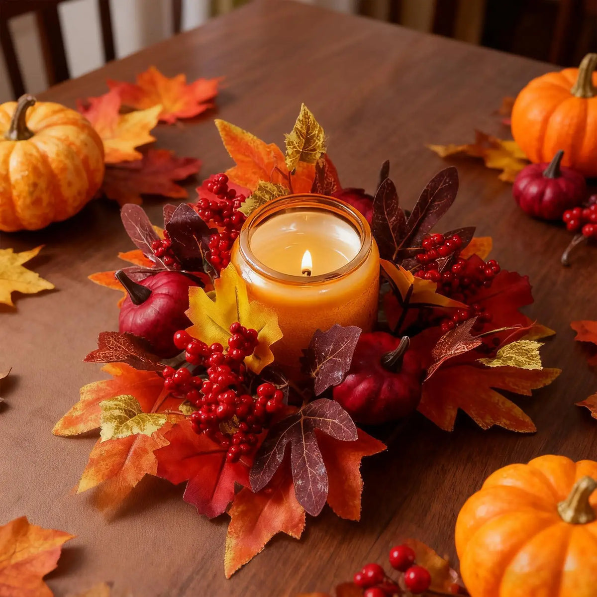 Fall Candle Ring Wreath – Maple Leaves, Pumpkins & Berries Candle Ring Wreath PLUSH
