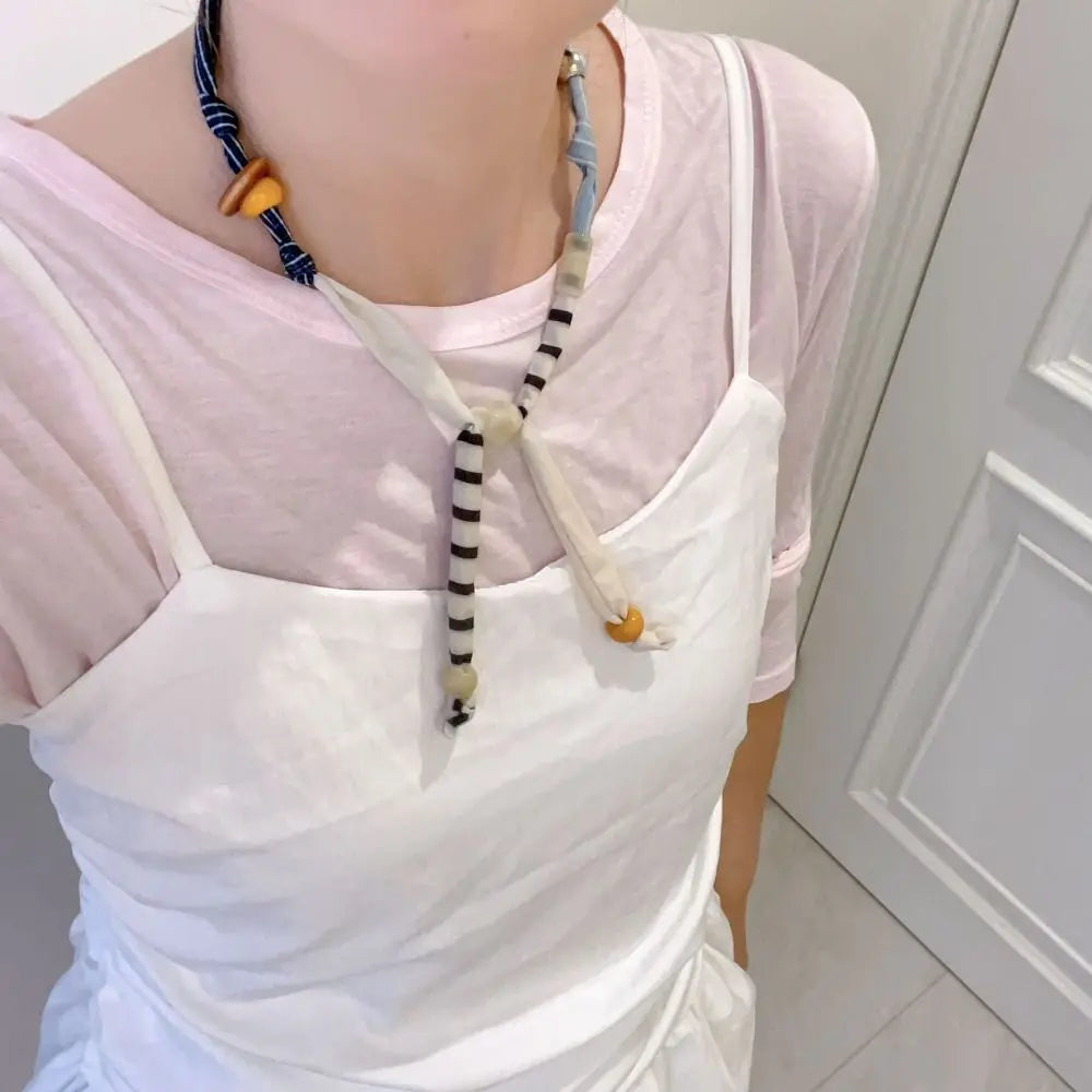 Ethnic Patchwork Cloth & Wood Bead Clavicle Necklace | Boho Boho Beaded Necklace PLUSH