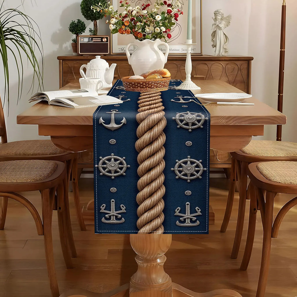 Nautical Table Runner – Anchor, Rope & Wheel Print Décor Table Runner PLUSH