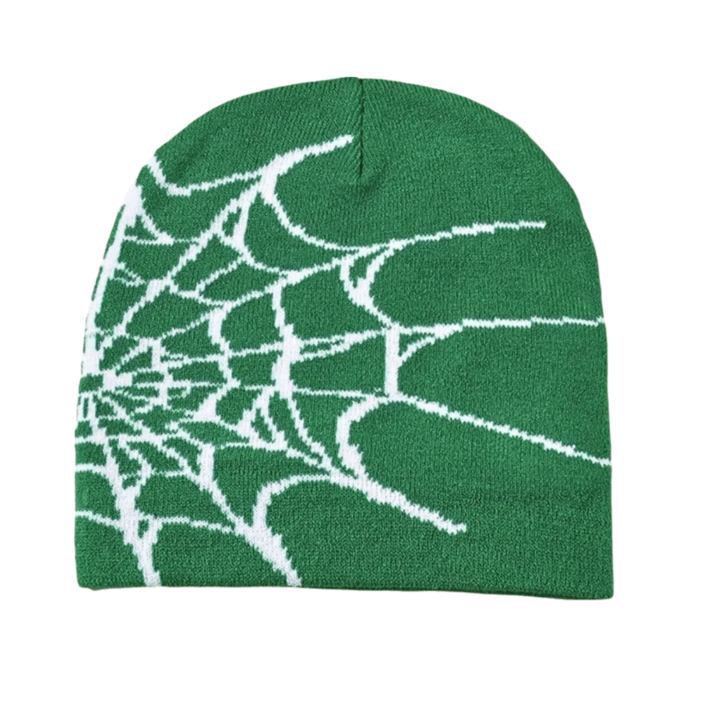 Y2K Spider Web Knit Beanie Hat – Cuffed Stretch, Multi Colors Knit Beanie Hat PLUSH Green