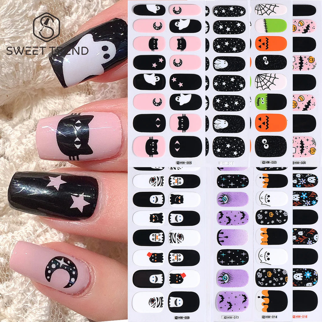 Halloween Gel Nail Strips | Black Cat Ghost Pumpkin Bat – 6pc Gel Nail Strips PLUSH