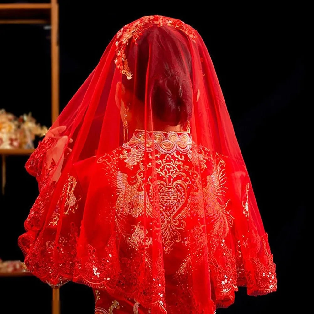Red Gold Embroidery Bridal Veil – Lace Chinese Wedding Head Cover Bridal Veil PLUSH Style E