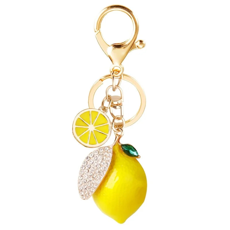 Rhinestone Lemon Keychain – Alloy Fruit Key Ring & Bag Charm Fashion Keychain PLUSH Lemon Yellow