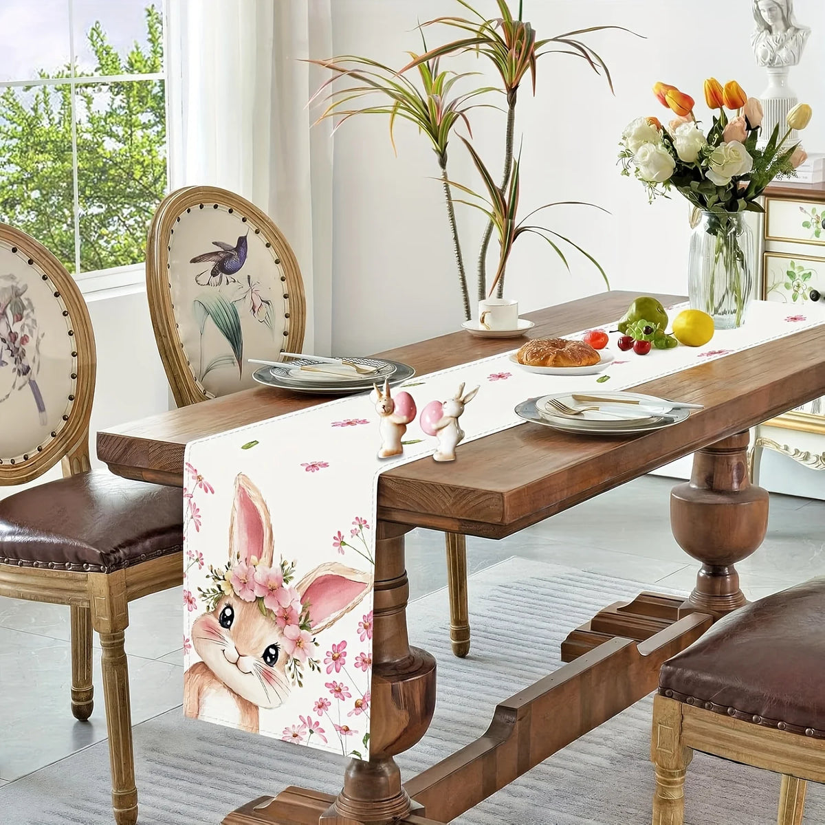 Easter Rabbit Table Runner – Spring Floral Wreath Design Table Runner PLUSH