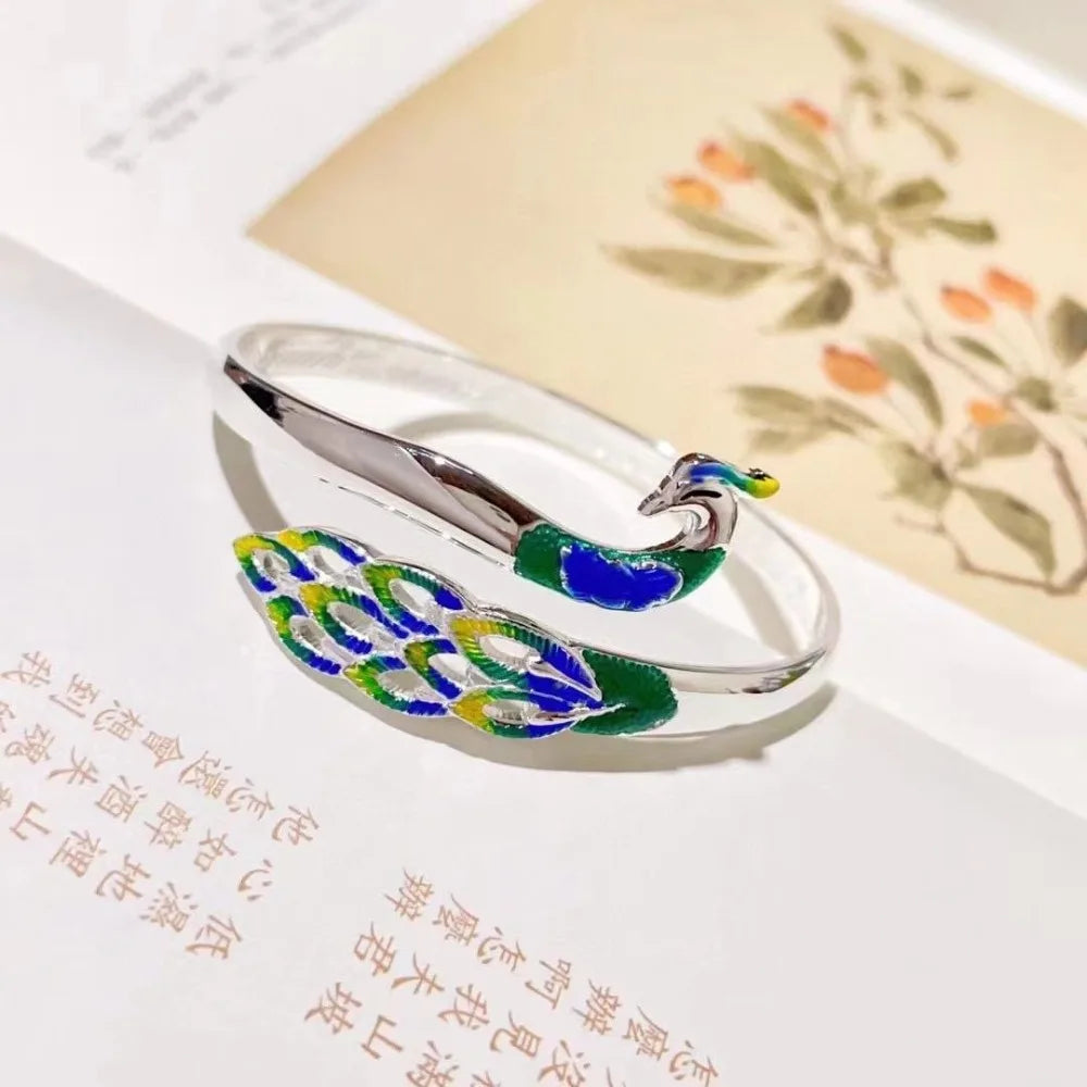 Hollow Peacock Enamel Bangle – Vintage Chinese Style Bracelet Enamel Cuff Bracelet PLUSH