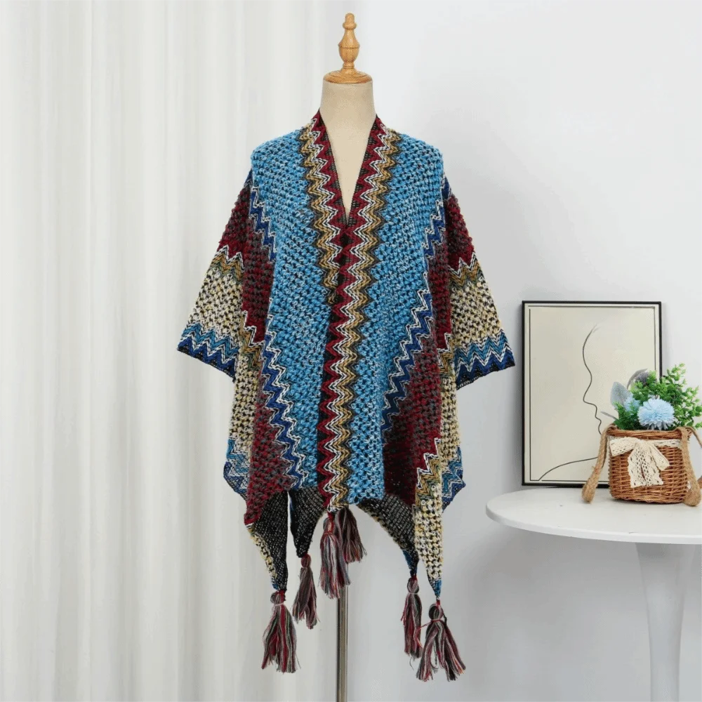 Women's Bohemian Knit Tassel Poncho Shawl – Ethnic Cape Wrap Knit Poncho Cape PLUSH Style 3