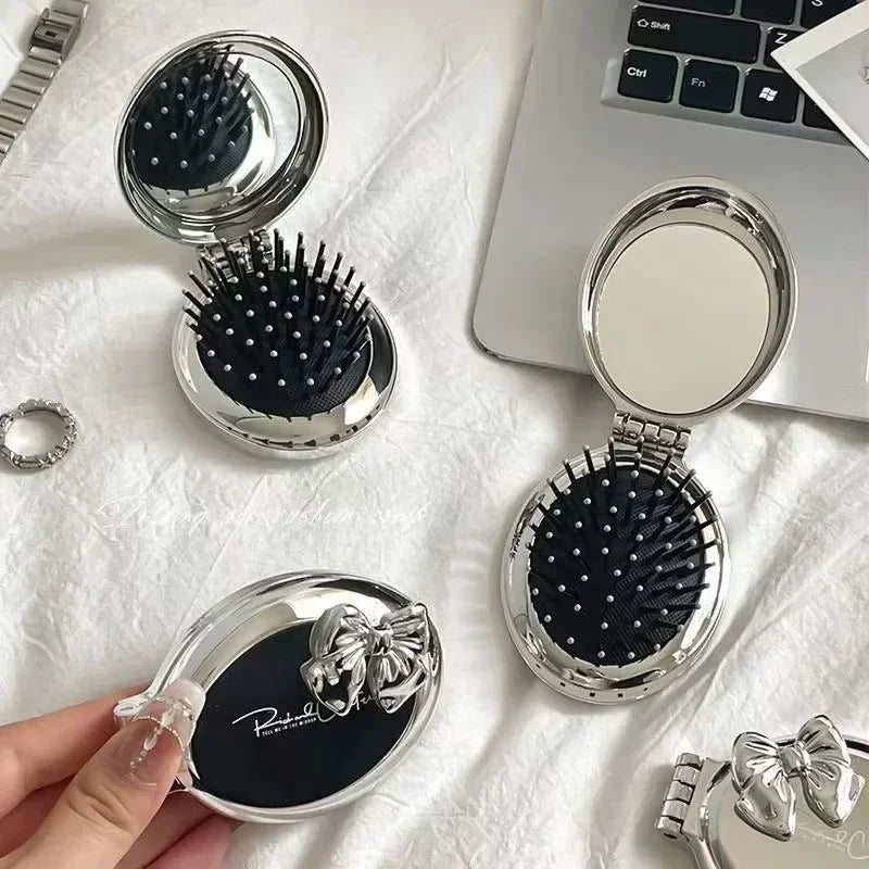 Silver Folding Pocket Comb with Mirror – Scalp Massage Tool Folding Pocket Comb PLUSH