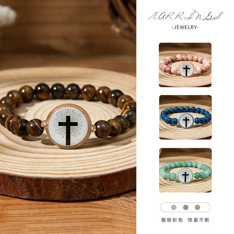 NFC Bible Verse Natural Stone Cross Bracelet – Unisex Christian Beaded Cross Bracelet PLUSH