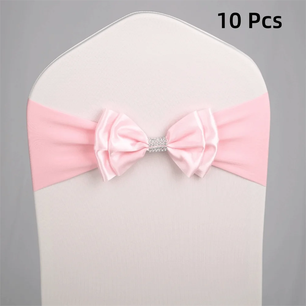 10pcs Satin Bow Chair Sashes – Elastic Spandex, No-Tie Chair Sash Bows PLUSH Pink