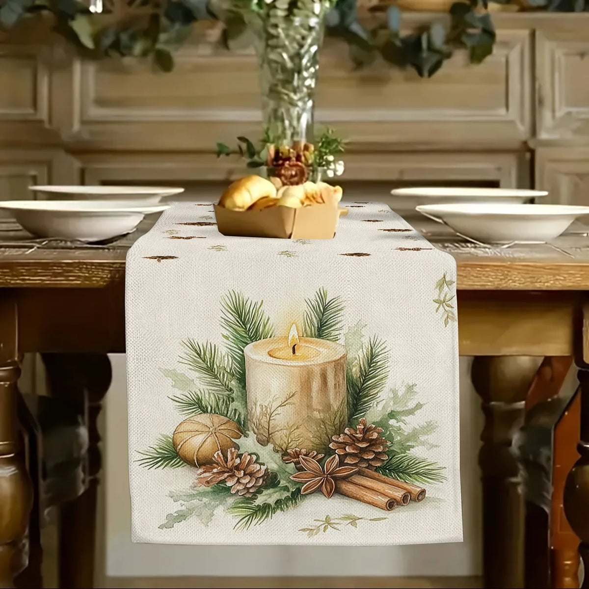 Christmas Candlestick Table Runner – Pine & Candle Print Holiday Table Runner PLUSH