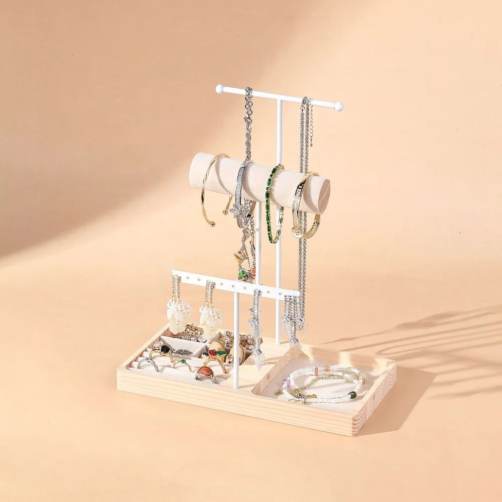 Wood & Metal T-Shape Jewelry Stand – Necklace & Earring Rack Jewelry Display Stand PLUSH White