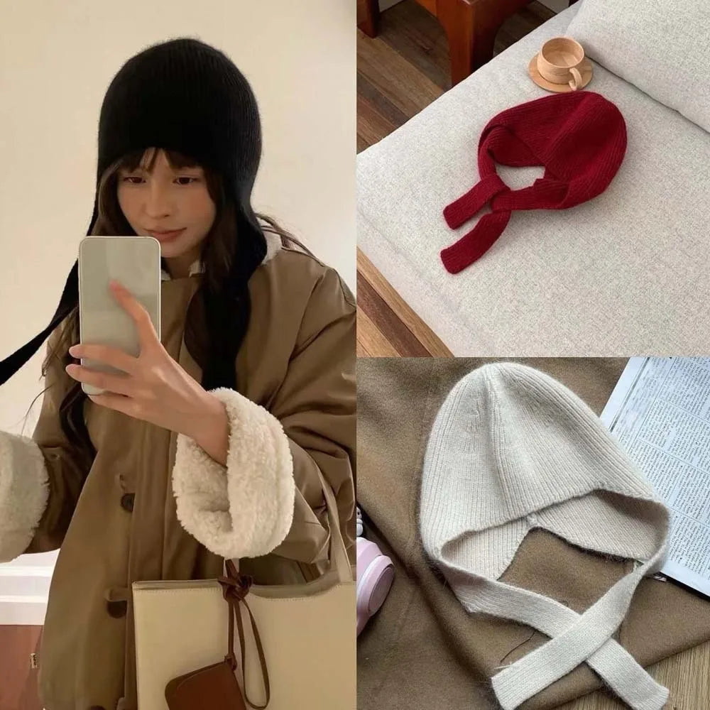 Women's Knit Earflap Beanie with Ribbon Tie – Korean Style Knit Earflap Beanie PLUSH