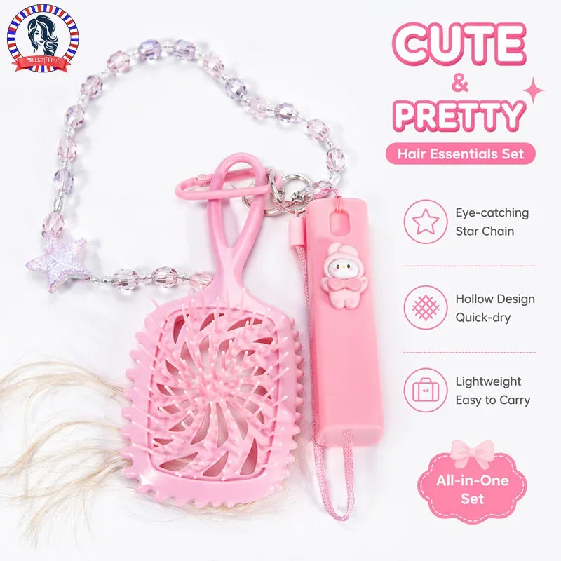 Kawaii Mini Massage Comb Set with Spray Bottle & Star Lanyard Travel Hair Care Set PLUSH