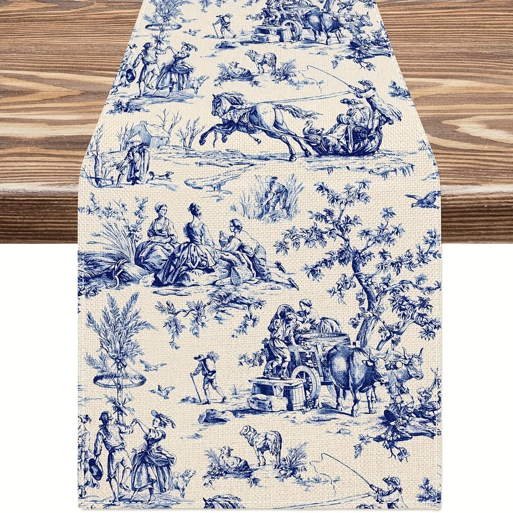 French Country Table Runner – Blue Retro Pastoral Print | 3 Sizes Table Runner PLUSH A 33X275Cm