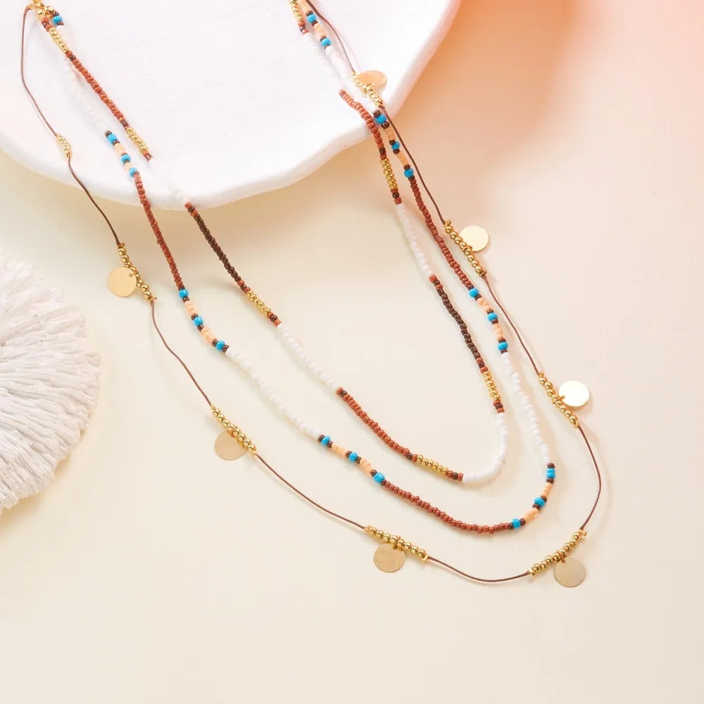 Bohemian Multi-Layer Bead Necklace – Brown Clavicle Chain Beaded Necklace PLUSH