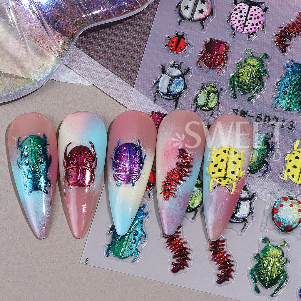 5D Insect Nail Stickers – Ladybug Beetle Embossed Decals Nail Art Stickers PLUSH