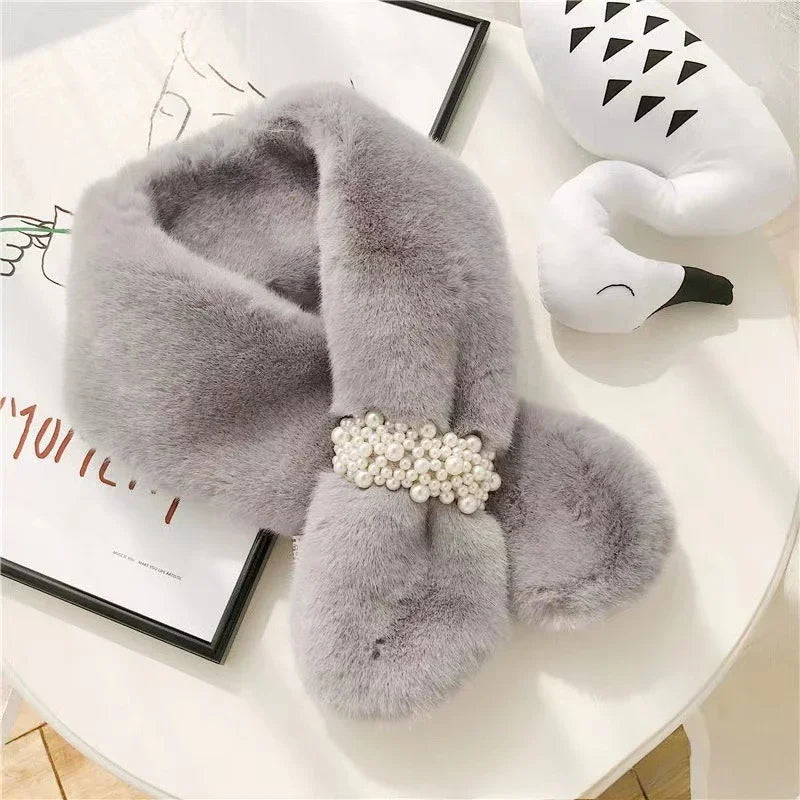 Women's Faux Rabbit Fur Scarf with Pearl Accents | Neck Warmer Faux Fur Scarf PLUSH