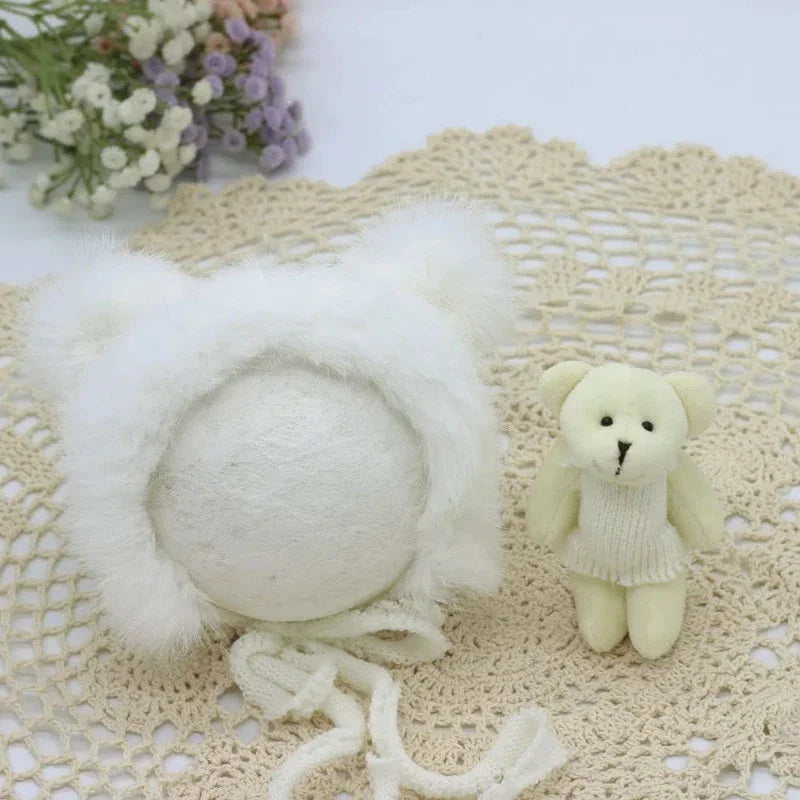 Newborn Photography Props Set – Rabbit Fur Hat & Teddy Bear Newborn Photo Props PLUSH