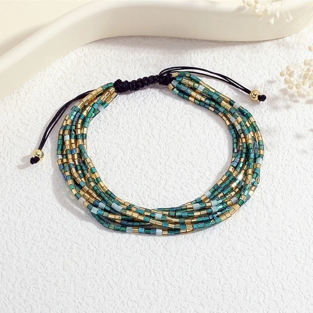 Colorful Boho Stackable Beads Bracelets – Adjustable Multilayer Beaded Bracelet PLUSH Green-Gold