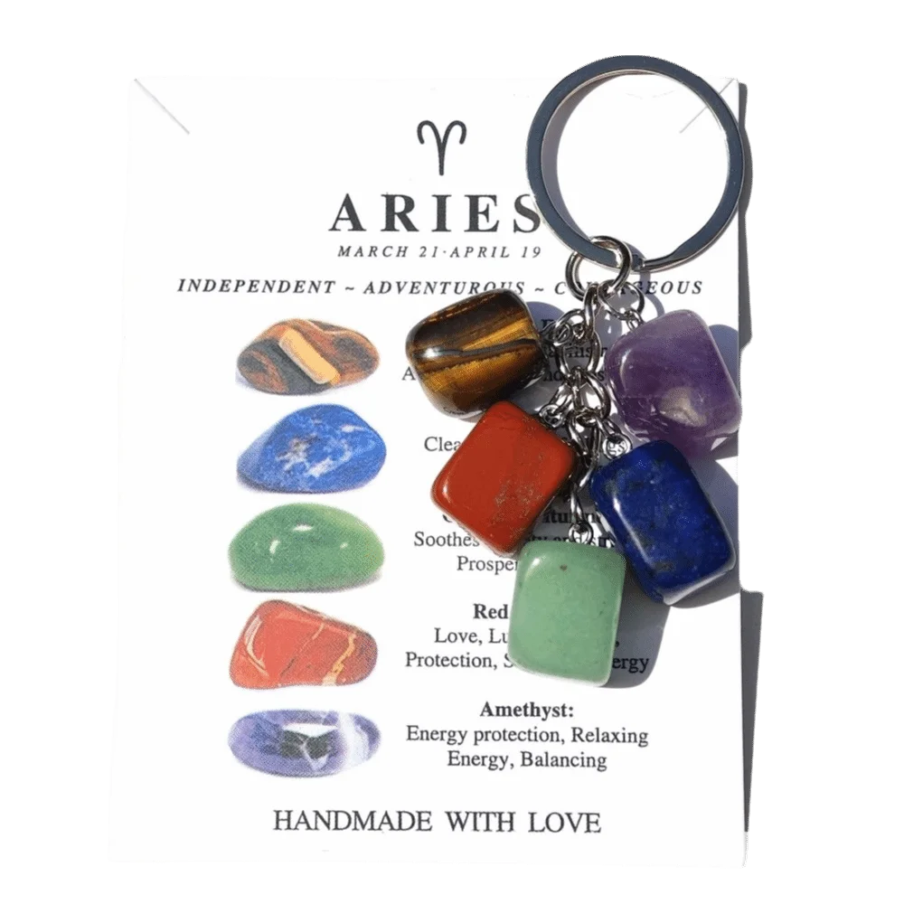 12 Constellation Zodiac Keychain | Polished Stone Birthstone Charm Zodiac Keychain PLUSH Aries