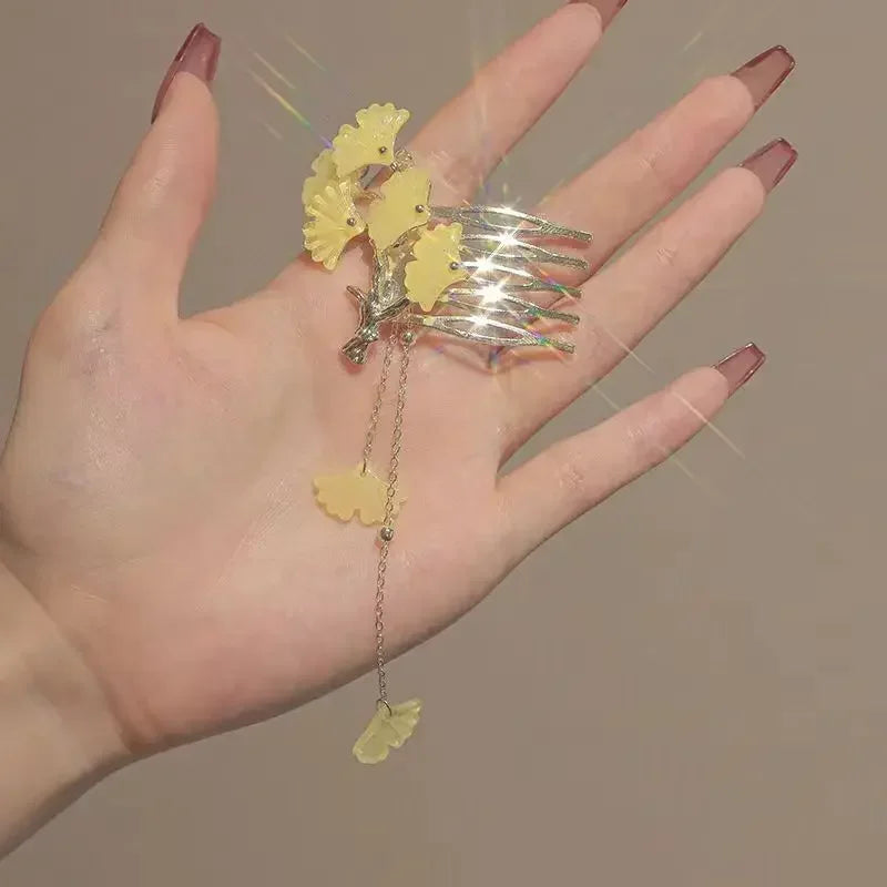 Vintage Fan Tassel Insert Comb Clip – Elegant Hair Pin Tassel Hair Clip PLUSH yellow gingkgo