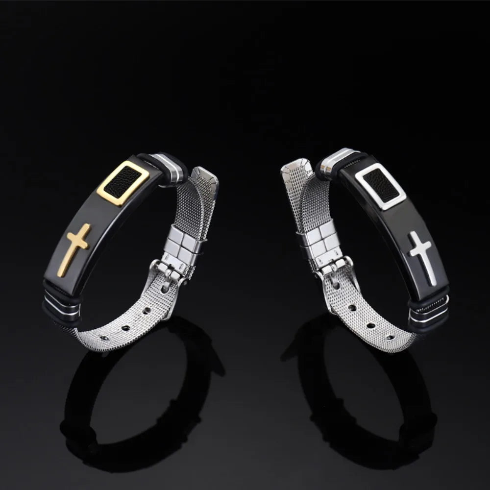 Stainless Steel Cross Bangle – Adjustable Religious Bracelet Religious Bangle Bracelet PLUSH