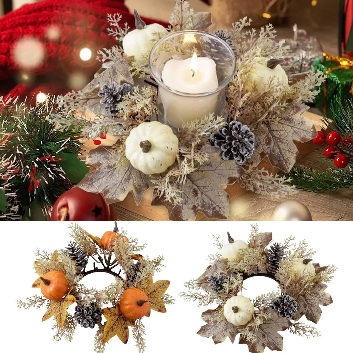 Fall Candle Ring Wreath – Artificial Maple Leaves Harvest Decor Candle Ring Wreath PLUSH