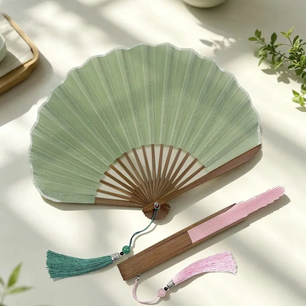 Shell-Shaped Folding Hand Fan – Bamboo Frame & Tassel Folding Hand Fan PLUSH