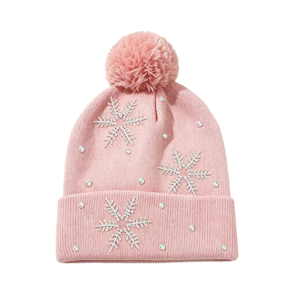 Women's Rhinestone Snowflake Knit Beanie – Warm Winter Hat Winter Knit Beanie PLUSH Pink